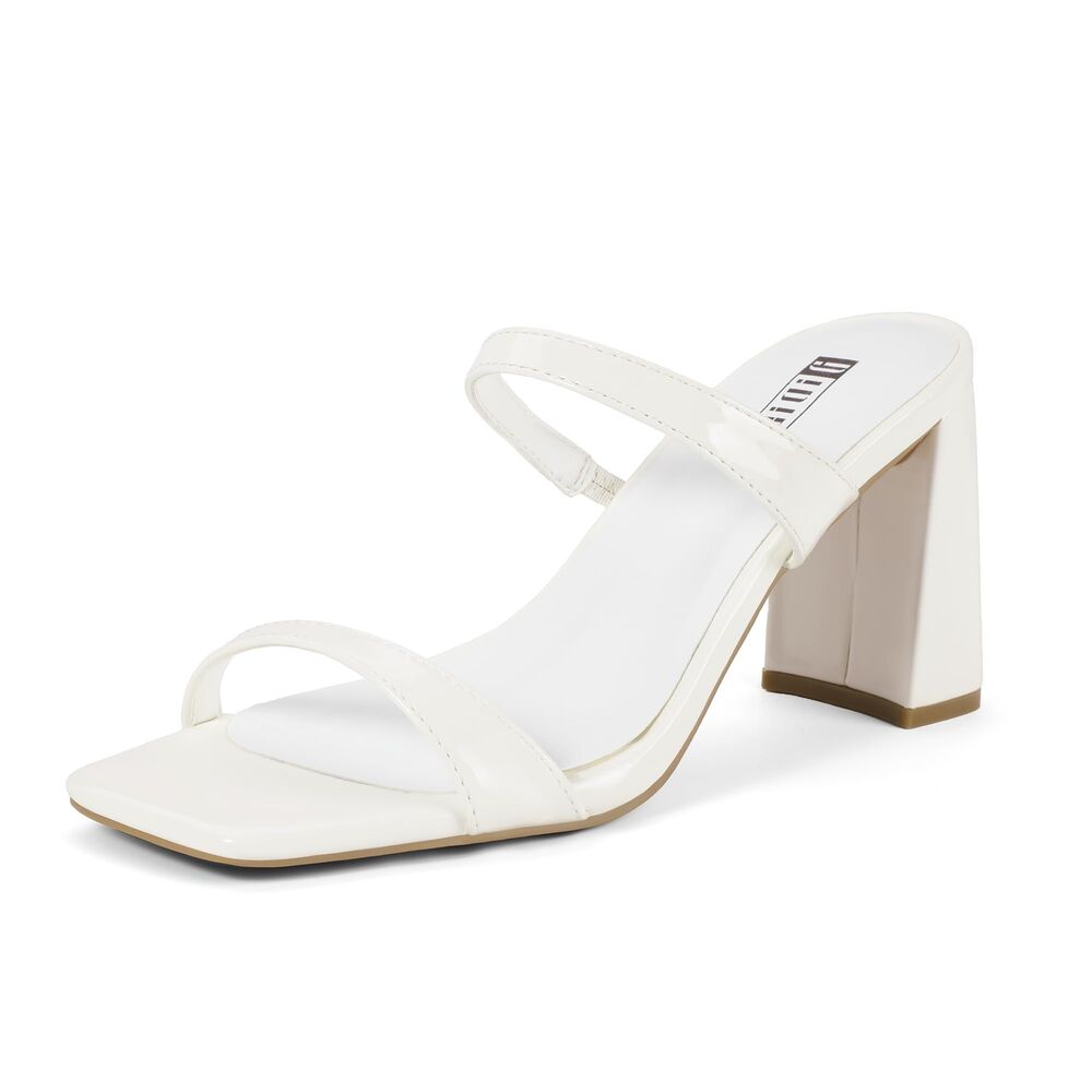 White Heels Chunky Block Square Toe Slides Heeled Sandals, Size 9.5, SL5-156S004
